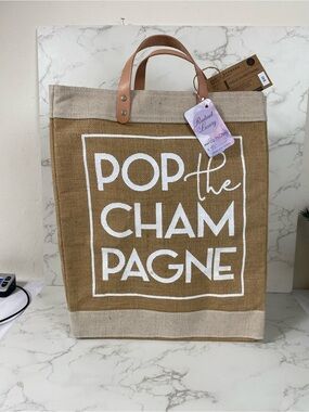 Pop The Champagne Burlap Tote Bag with Leather Handles